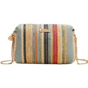 Straw Tote Bag Rainbow Striped Casual Beach Shoulder Bag Summer T_T